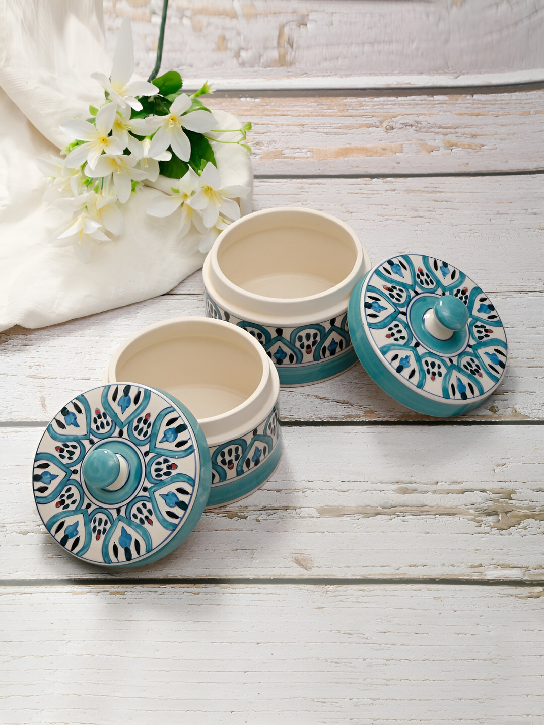 SHILPKARA Sea Green & Black 2Pcs Geometric Ceramic Dishwasher Safe  Food Containers