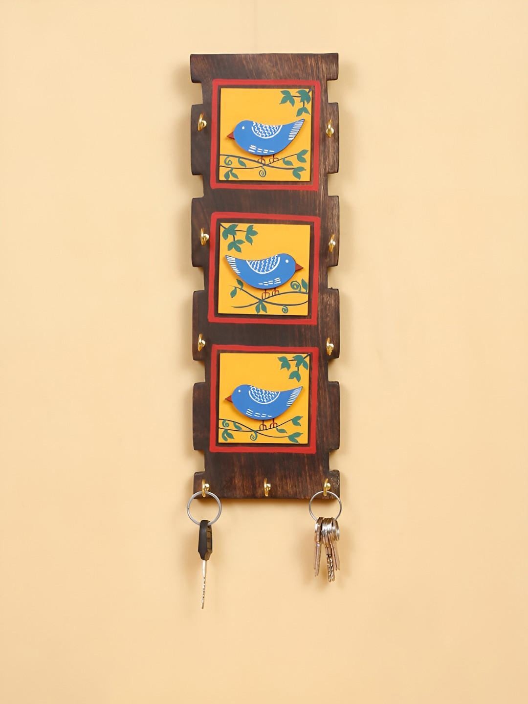 Shilpkara Brown & Blue Love Birds Wooden Key Holder