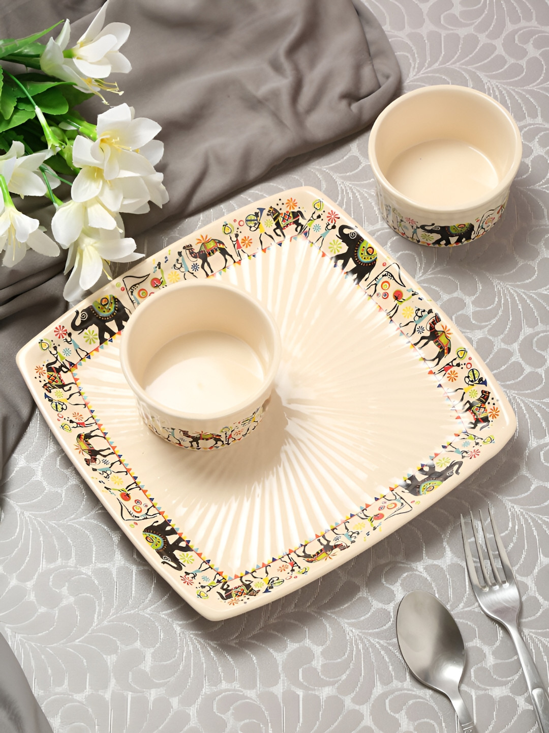 Shilpkara White & Beige 3 Pieces Handcrafted and Hand Painted Ceramic Dinner Set
