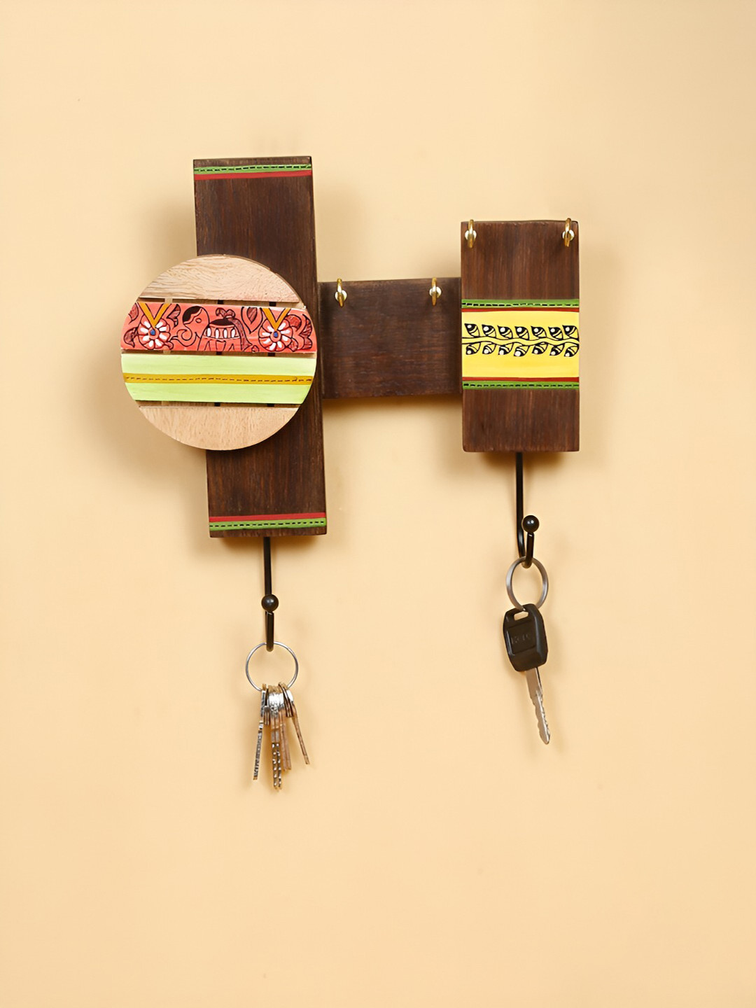 Shilpkara Brown Tribal Arts Handpainted Wooden 6 Hooks Key Holders