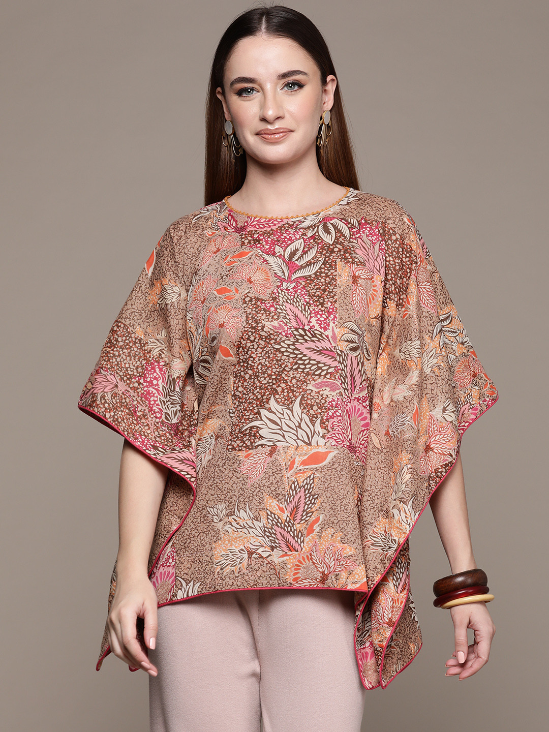 aarke Ritu Kumar Floral Print Kimono Sleeve Cotton Kaftan Top with Camisole