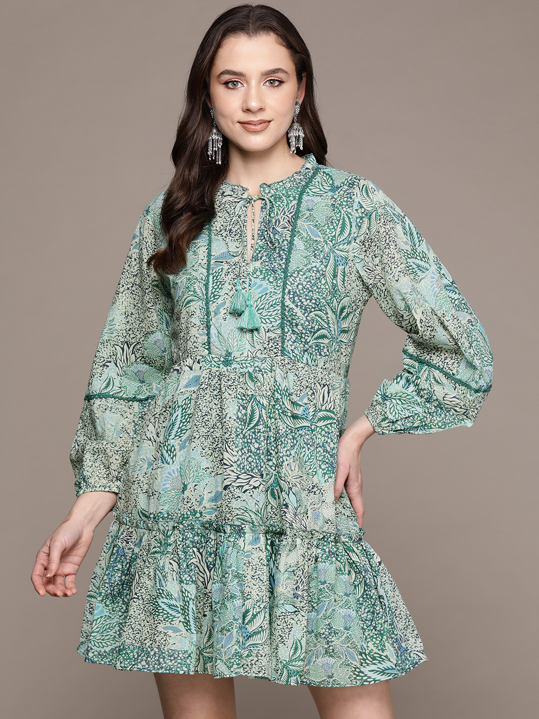 aarke Ritu Kumar Floral Print Tie-Up Neck Puff Sleeve A-Line Dress