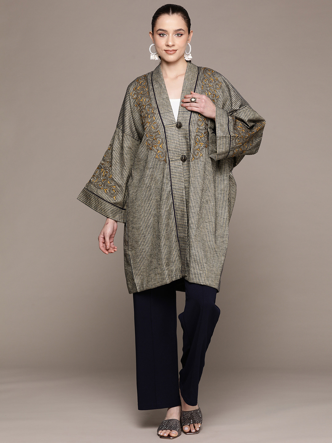 aarke Ritu Kumar Women Striped Embroidered Longline Shrug