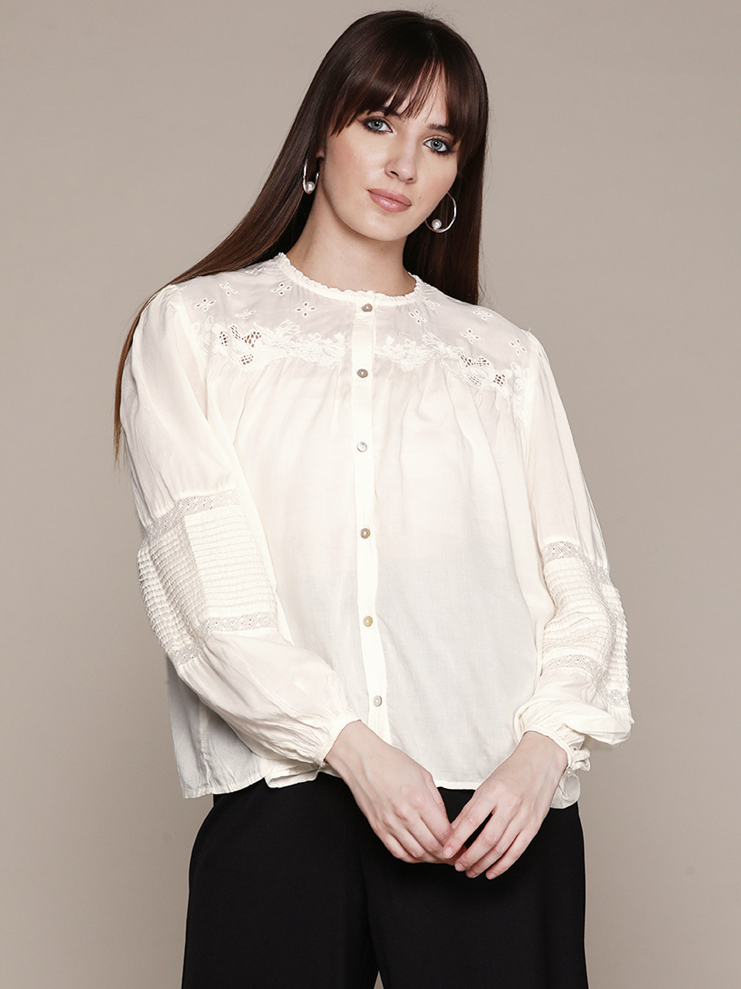 Label Ritu Kumar Floral Puff Sleeves Top with Lace Inserts