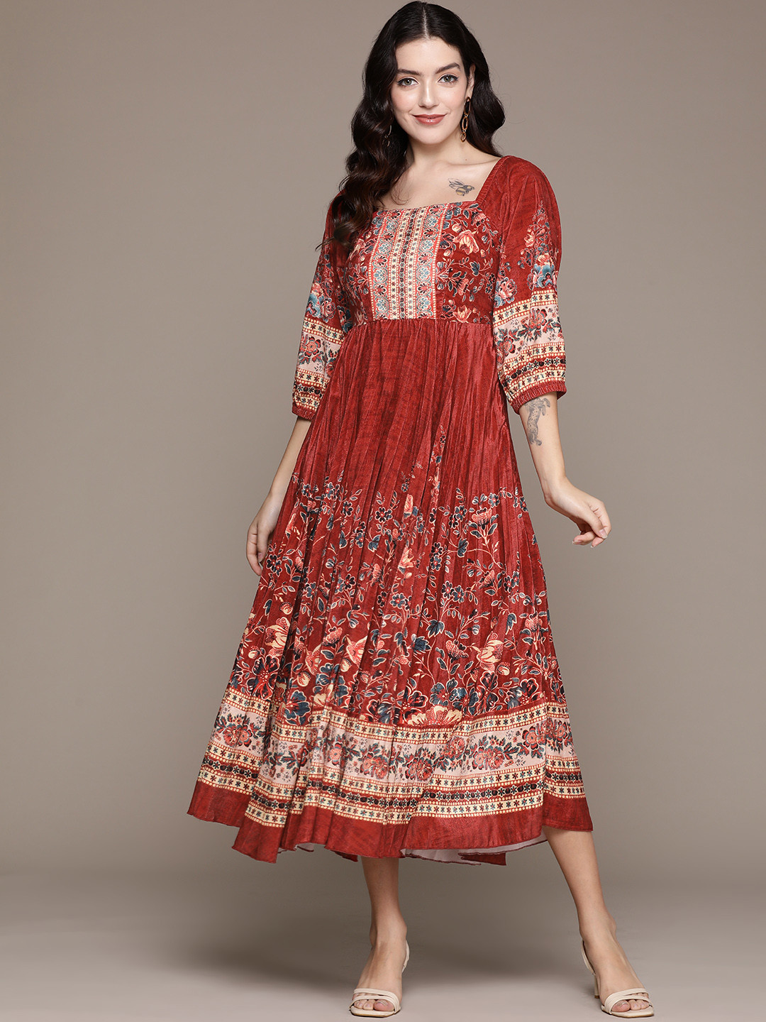 Label Ritu Kumar Floral Print Velvet A-Line Midi Dress