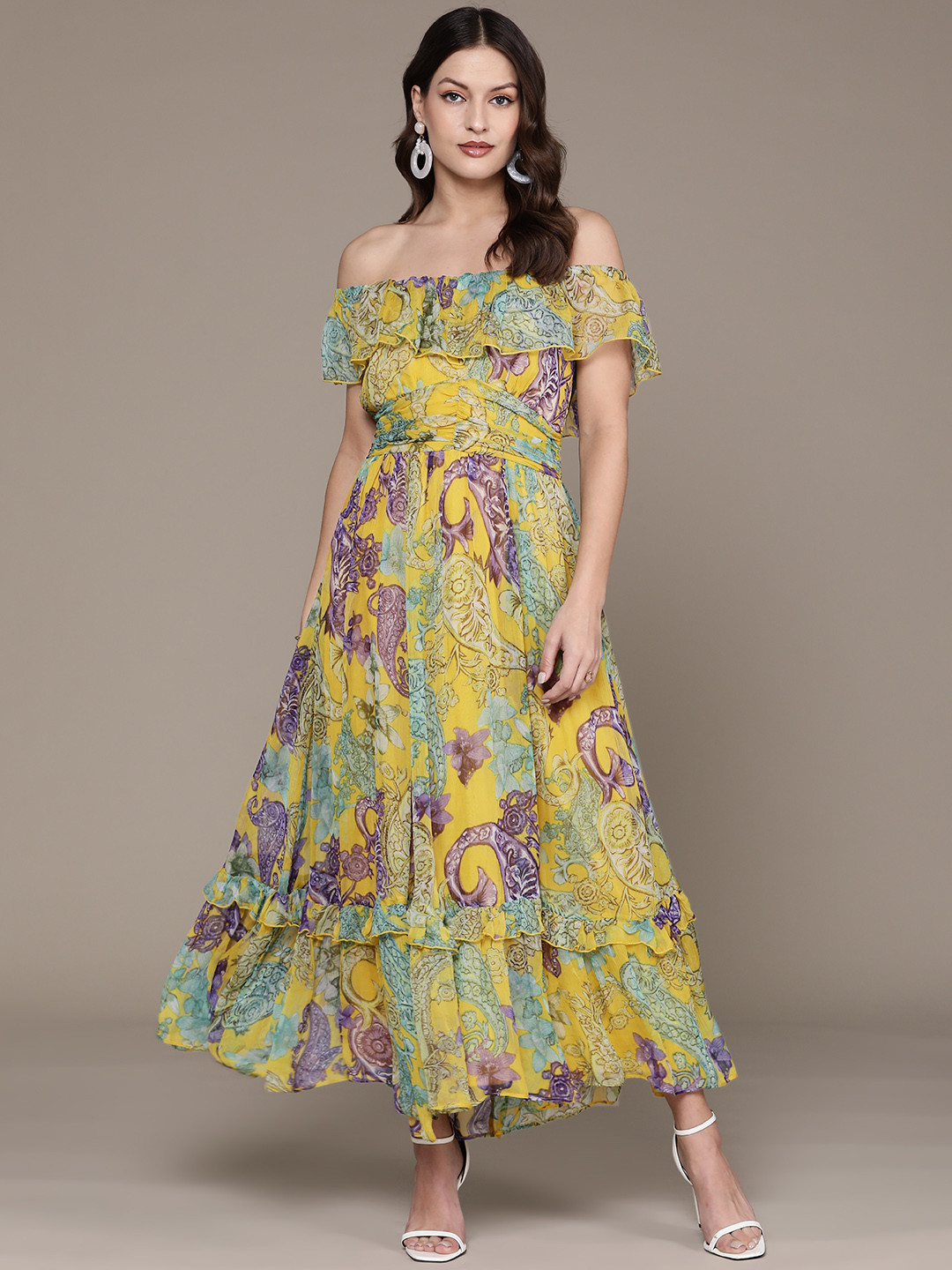 Label Ritu Kumar Floral Print Off-Shoulder Cape Sleeve Chiffon A-Line Midi Dress