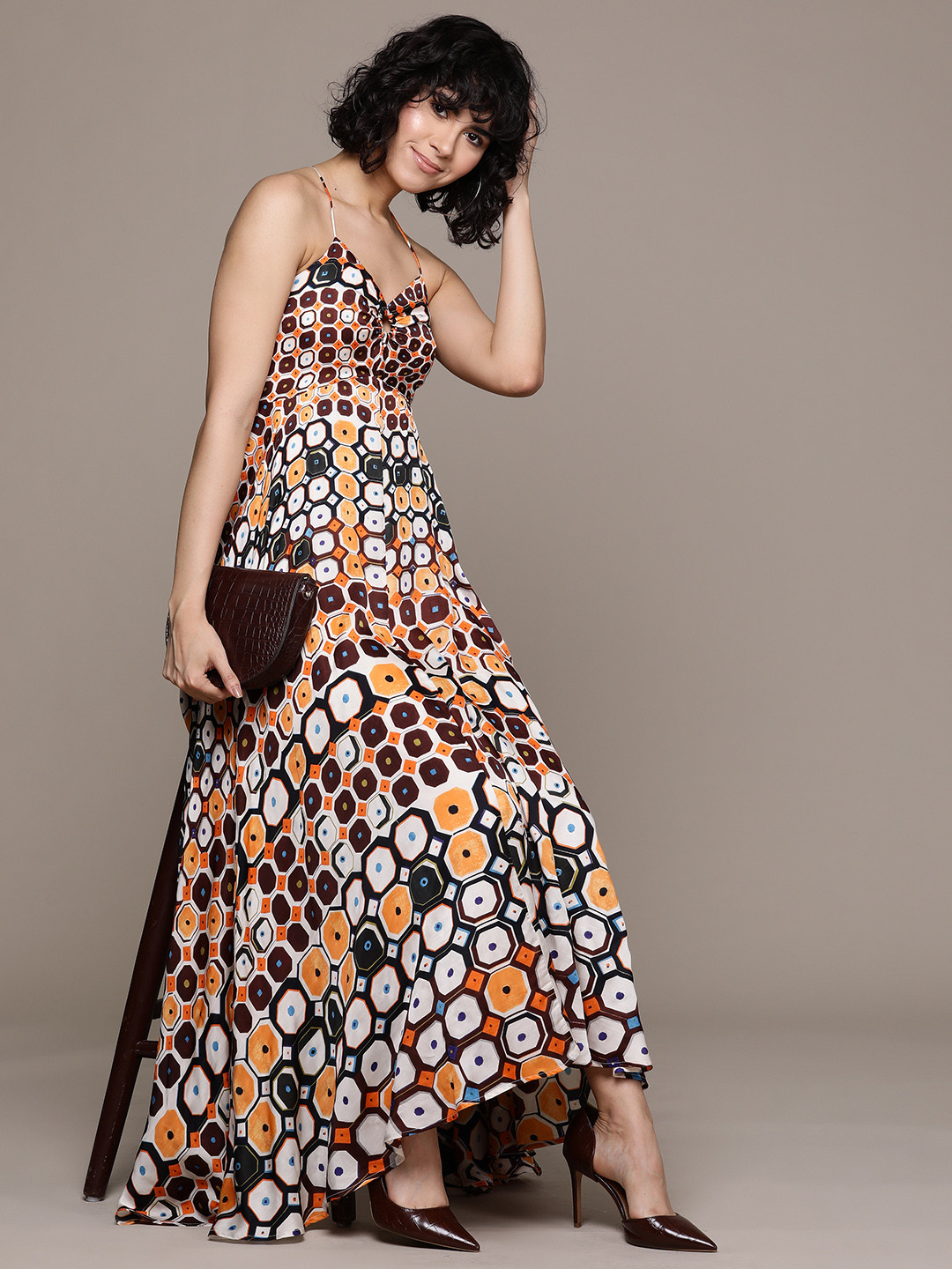 Label Ritu Kumar Print Satin A-Line Midi Dress