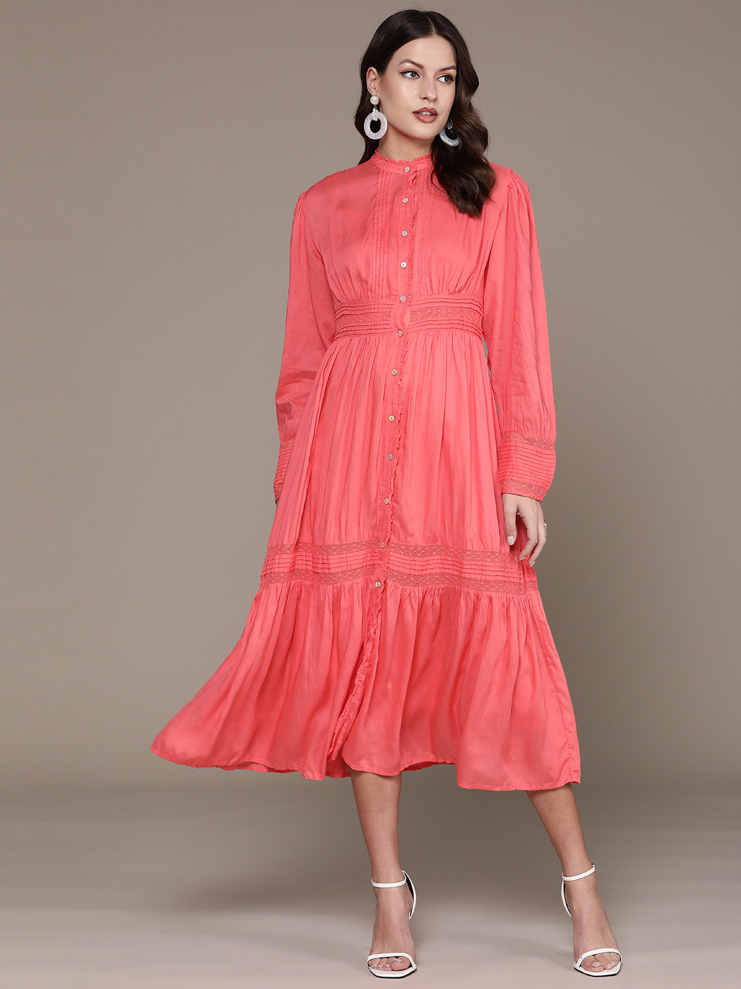 Label Ritu Kumar Puff Sleeve A-Line Midi Dress with Camisoles