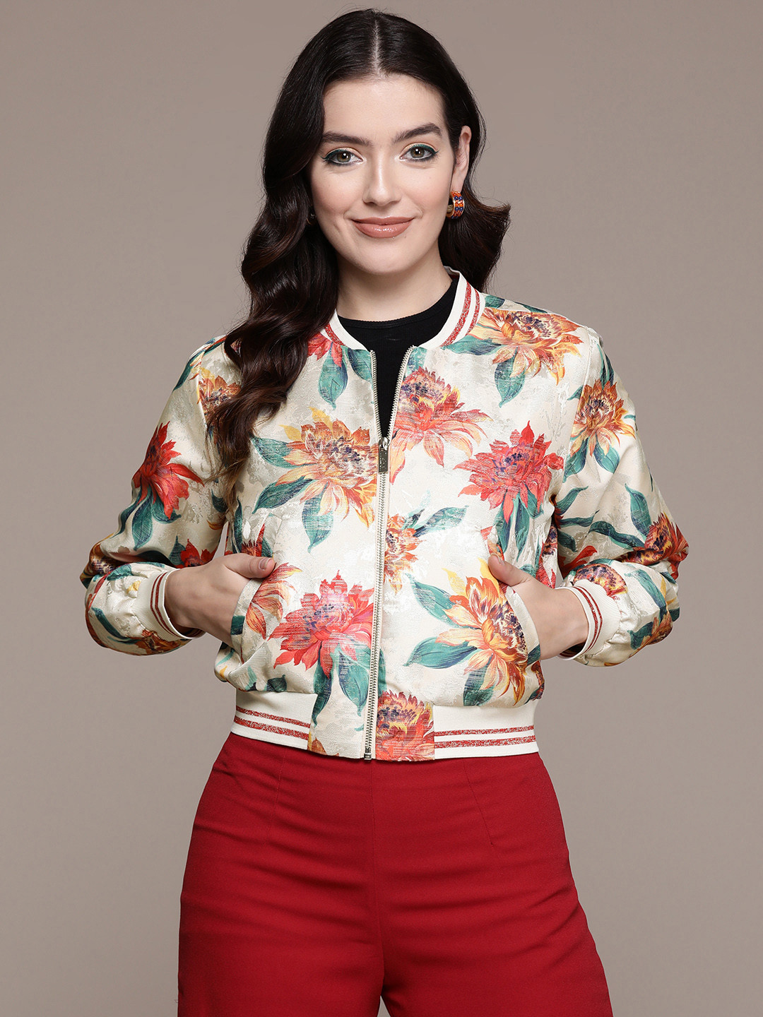 Label Ritu Kumar Women Floral Printed Jacquard Varsity Jacket