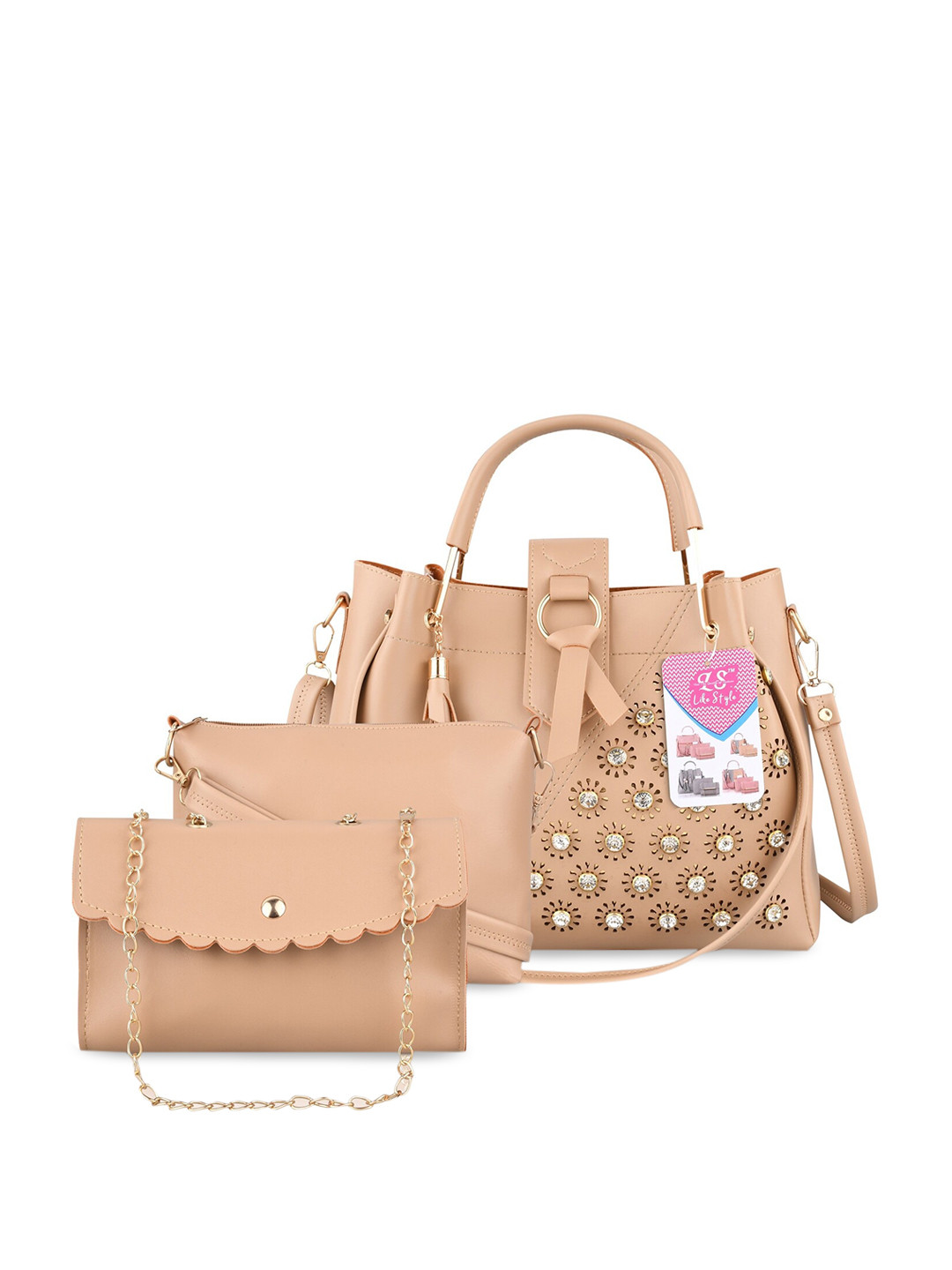 LIKE STYLE Set of 3 Floral Embellished Structured Shoulder Bag