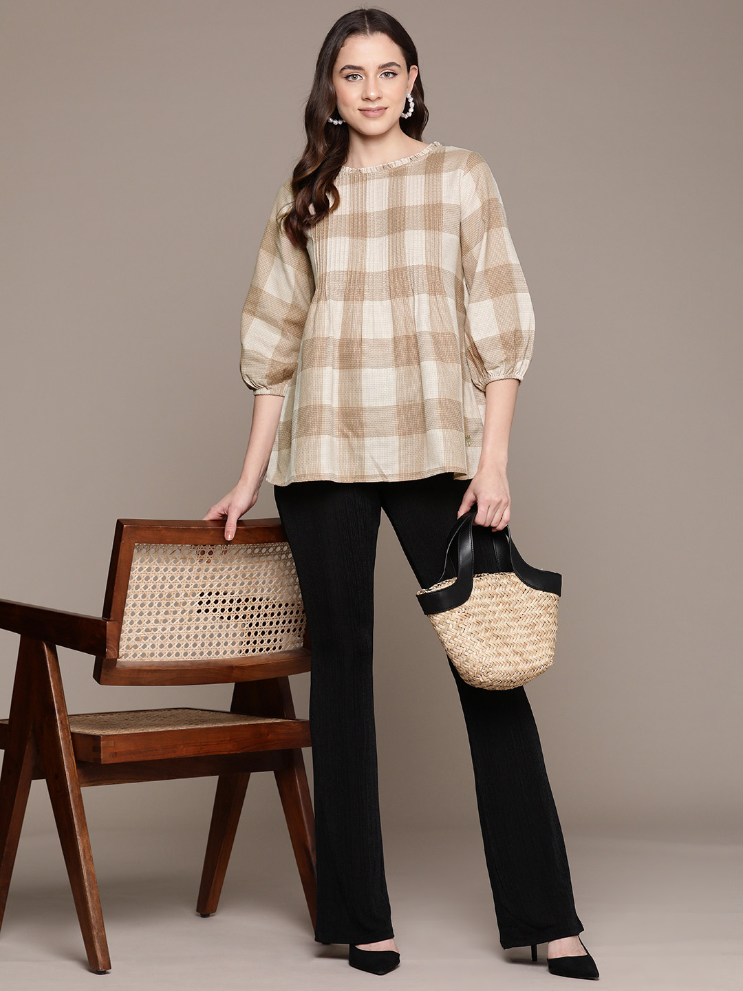 Ritu Kumar Gathered-Detail Checked Pure Cotton Tunic