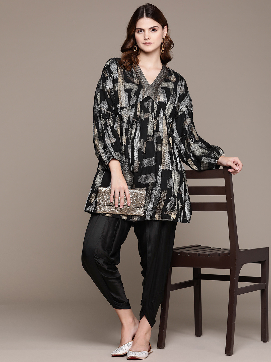 Ritu Kumar Women Embroidered Regular A-Line Thread Work Fusion Kurti with Dhoti Pants