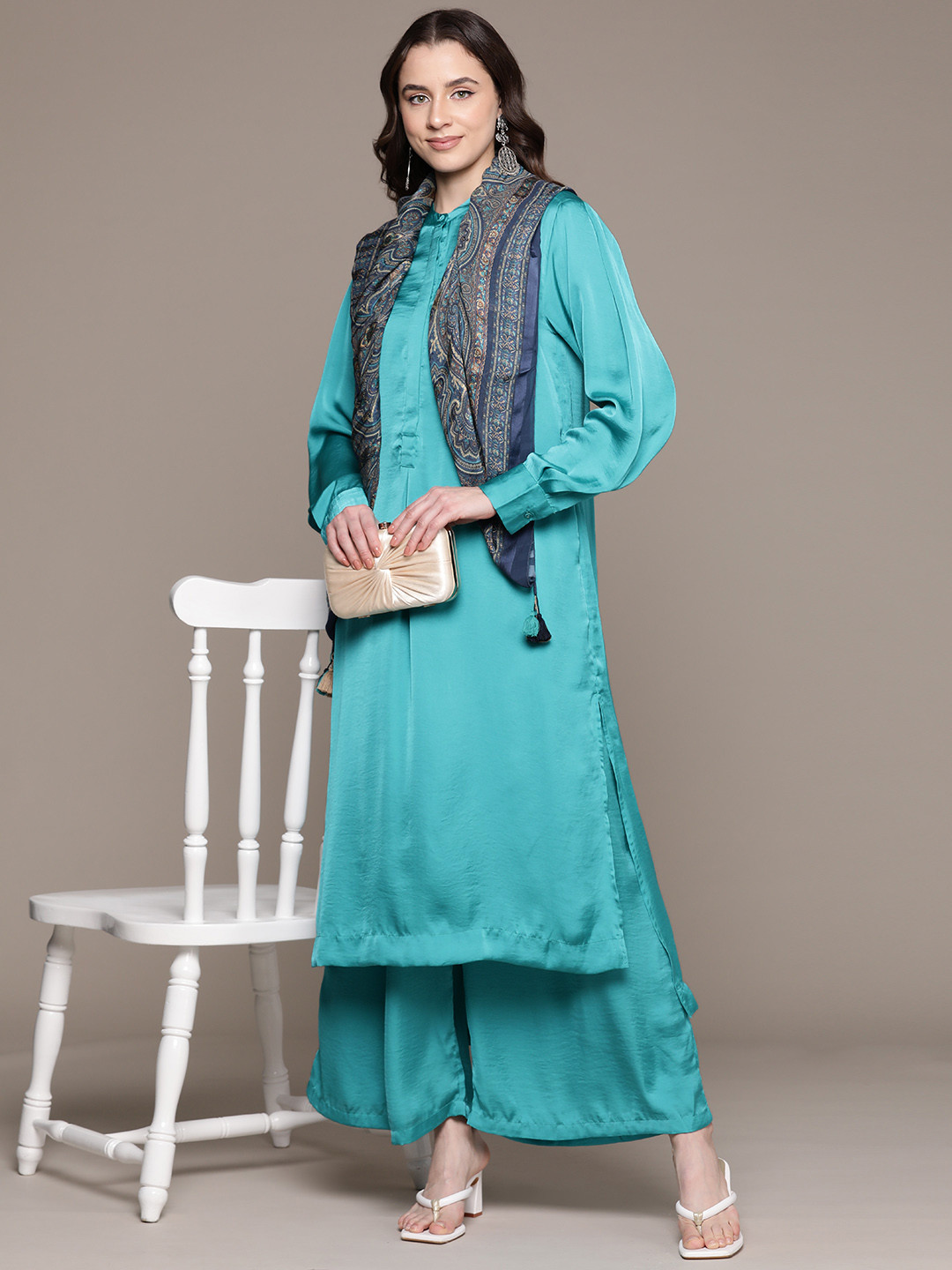 Ritu Kumar Women Solid Regular Kurta with Palazzos & With Scarf