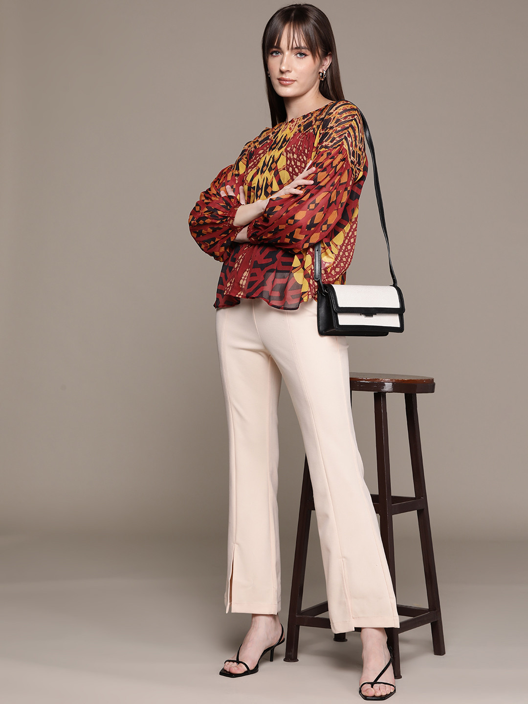 Ritu Kumar Women Geometric Print Keyhole Neck Puff Sleeve Chiffon Top