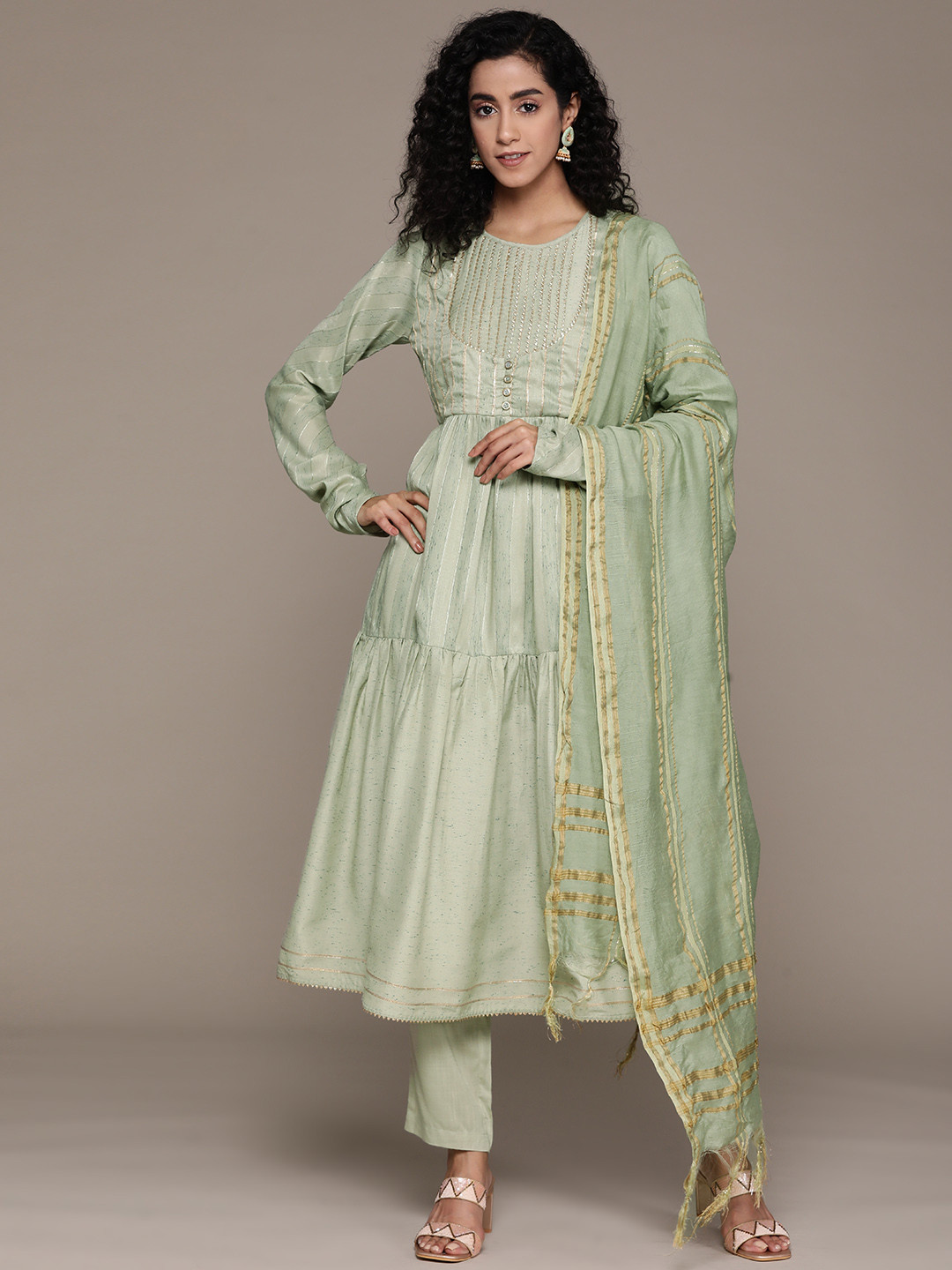 aarke Ritu Kumar Striped Tiered Gotta Patti Kurta with Trousers & Dupatta
