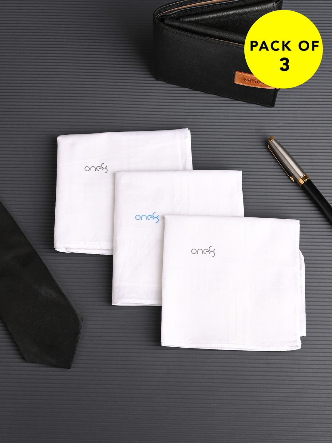 One8 Men Pack Of 3 Logo Printed Premium Cotton Hand kerchieves