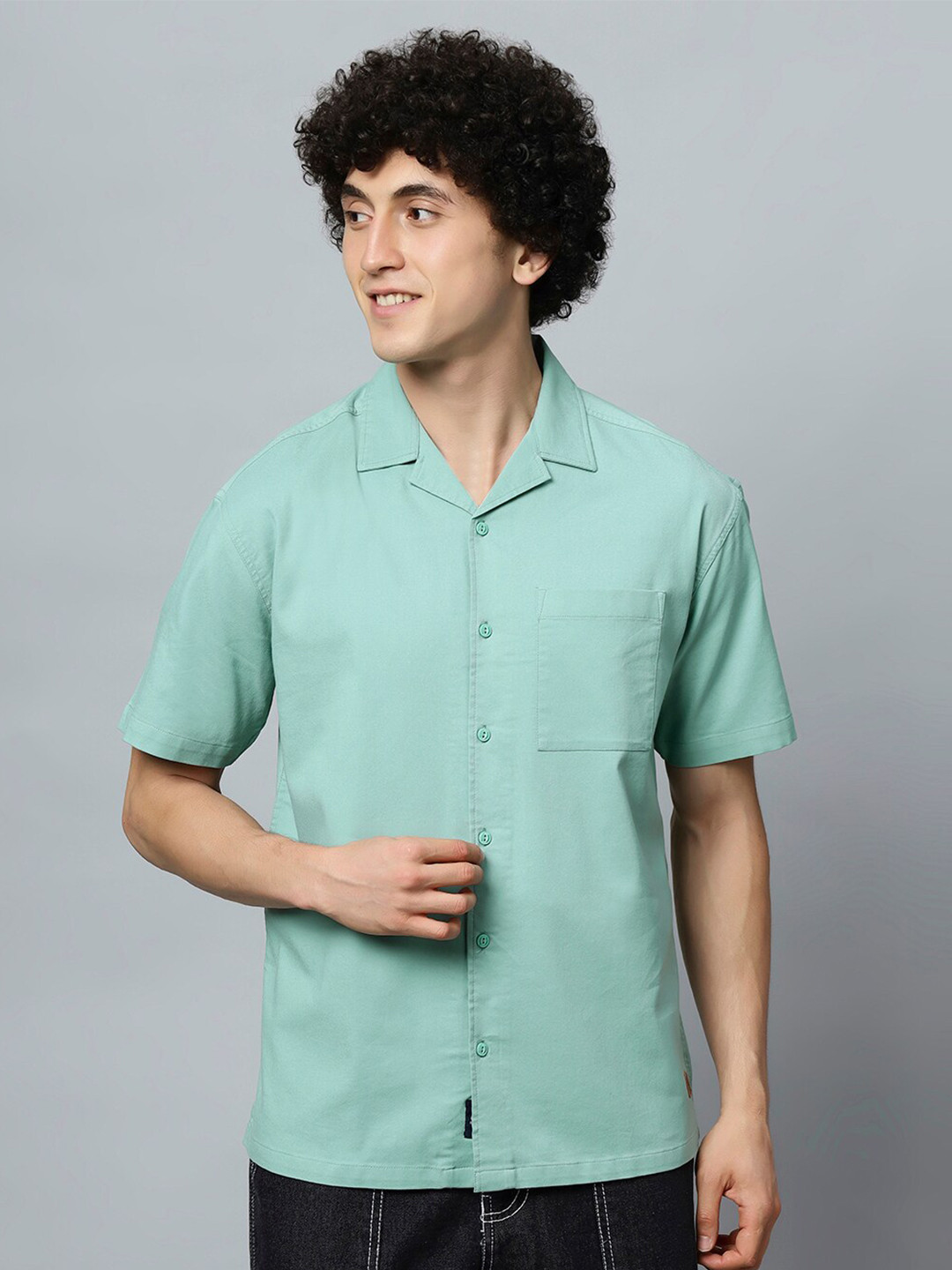 The Roadster Lifestyle Co. Mint Green Notched Lapel Collar Relaxed Fit Short Sleeve Shirt