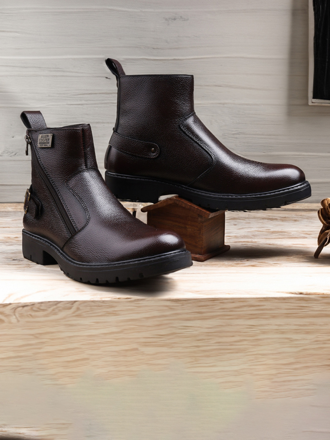 Allen Cooper Men Textured Buckle Detail Leather Mid-Top Biker Boots