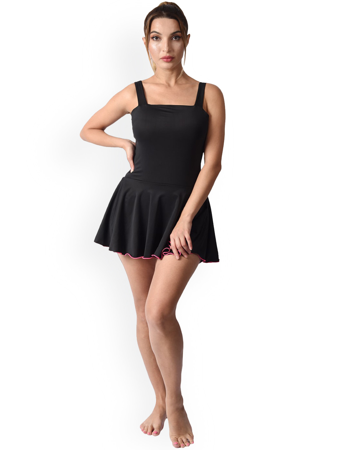 Poftik Medium Coverage Padded Swimming Dress With Attached Shorts