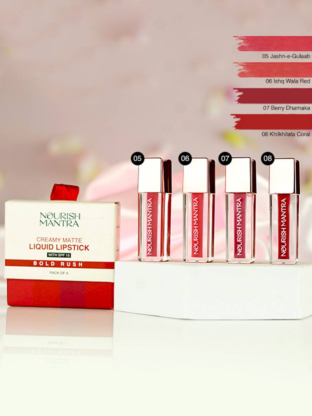 Nourish Mantra Set Of 4 Bold Rush Creamy Matte SPF 15 Liquid Lipstick 1.2ml Each