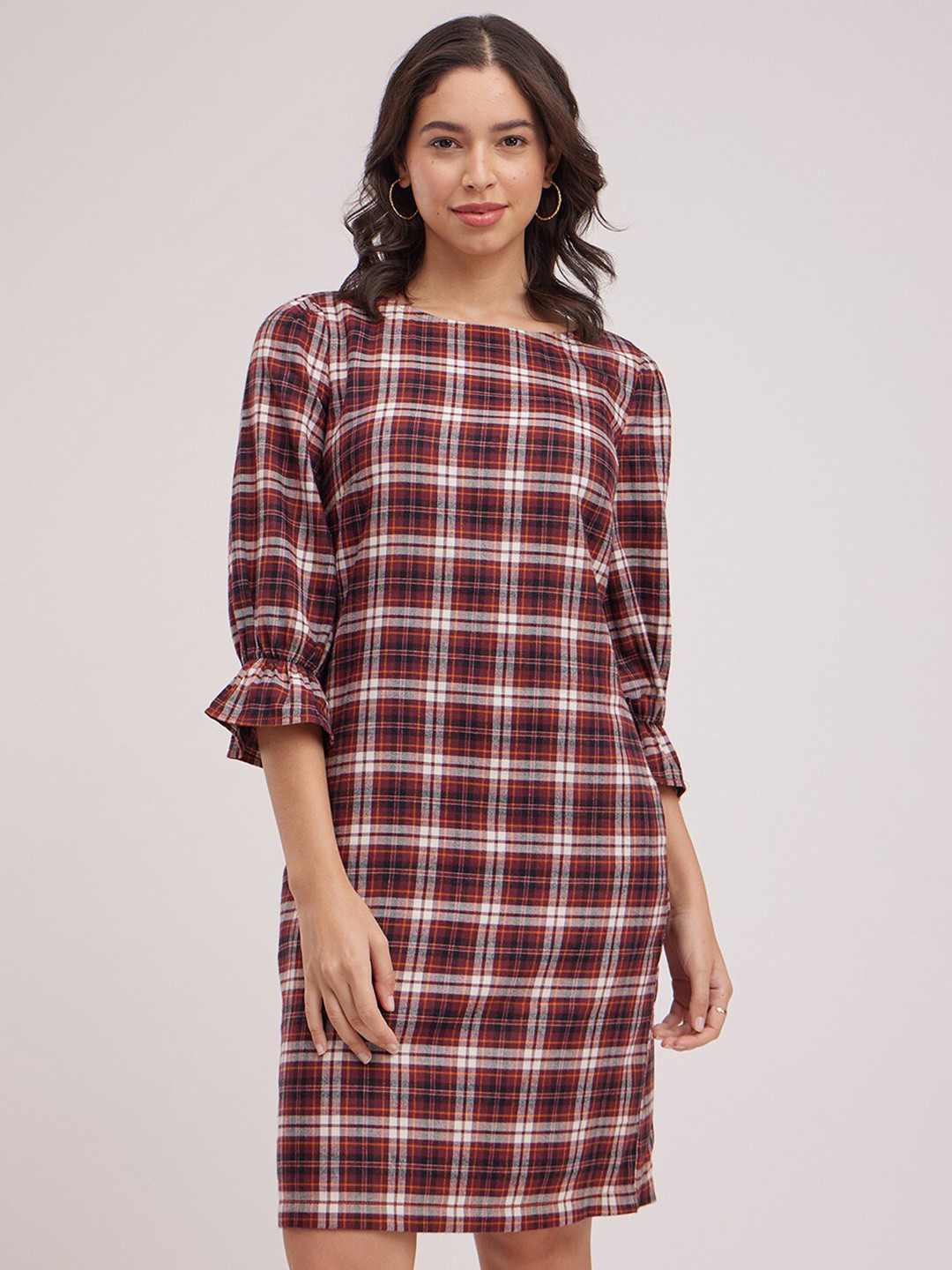 FableStreet Checked Boat Neck Puff Sleeves Cotton A-Line Women Dress