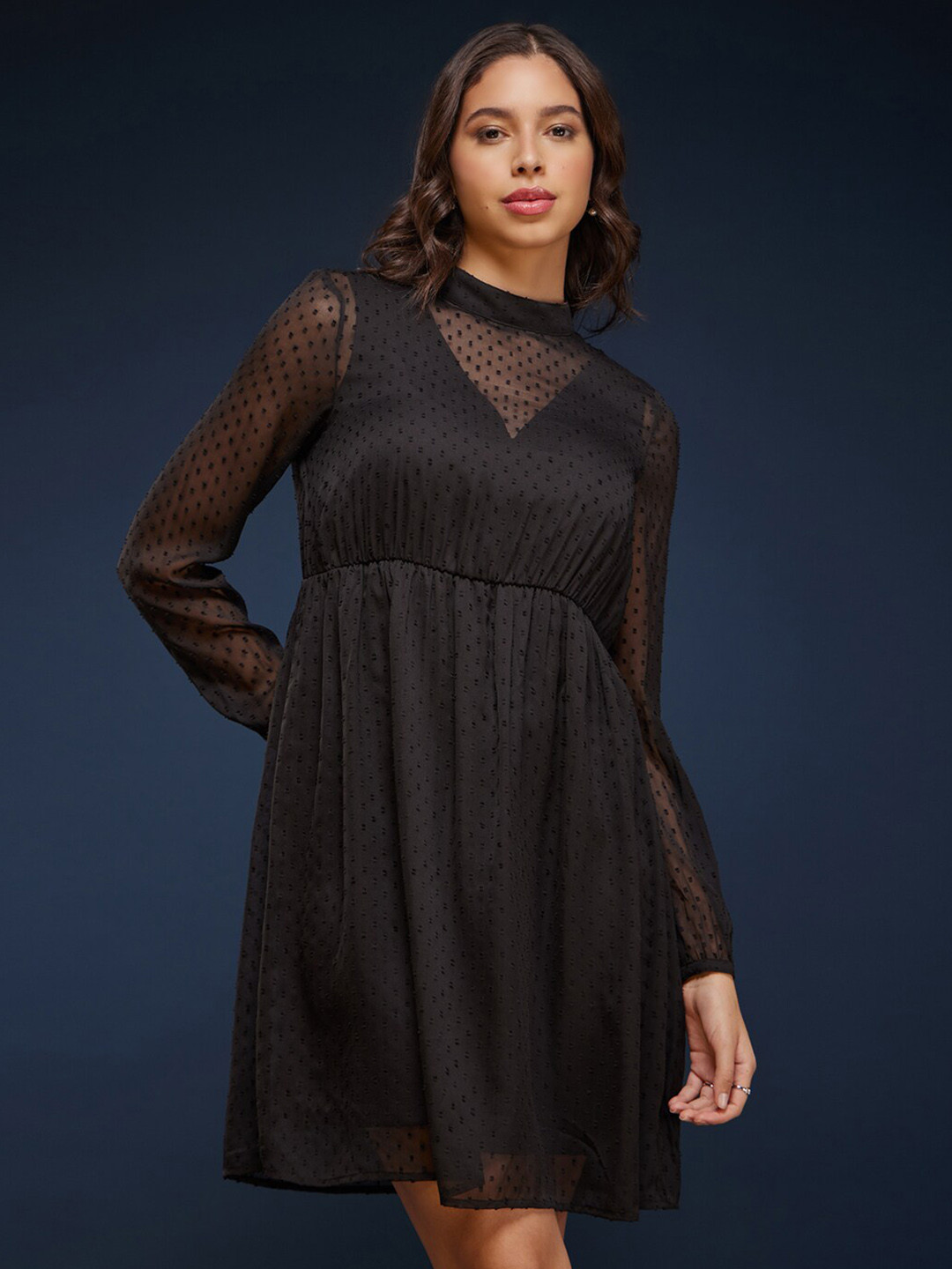 FableStreet Self Designed High Neck Long Sleeves Fit & Flare Women Dress