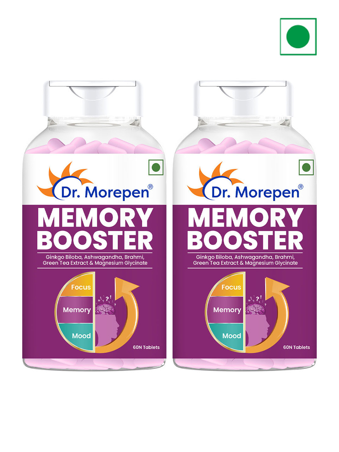 Dr. Morepen Set of 2 Memory Booster Tablets With Ginkgo Biloba & Ashwagandha - 60 Pcs Each