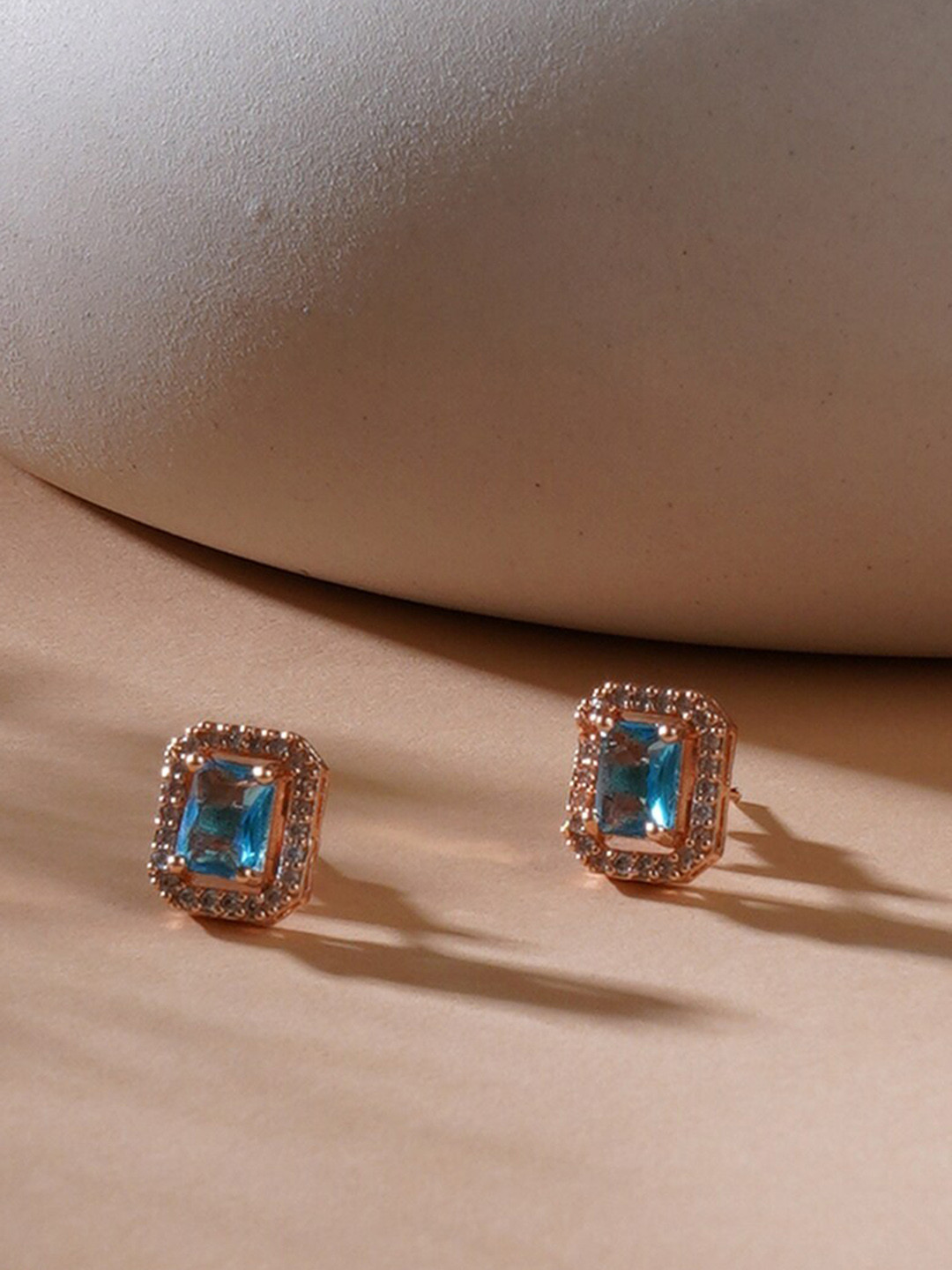Ruby Raang Rose Gold-Plated Stones Studded Square Studs Earrings