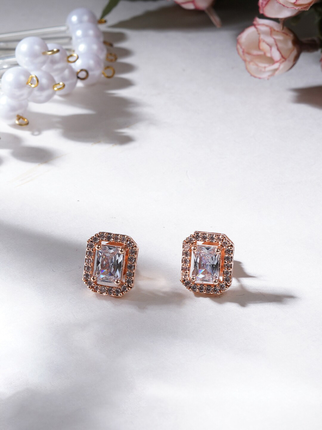 Ruby Raang Rose Gold-Plated Studded Geometric-Shaped Studs Earrings