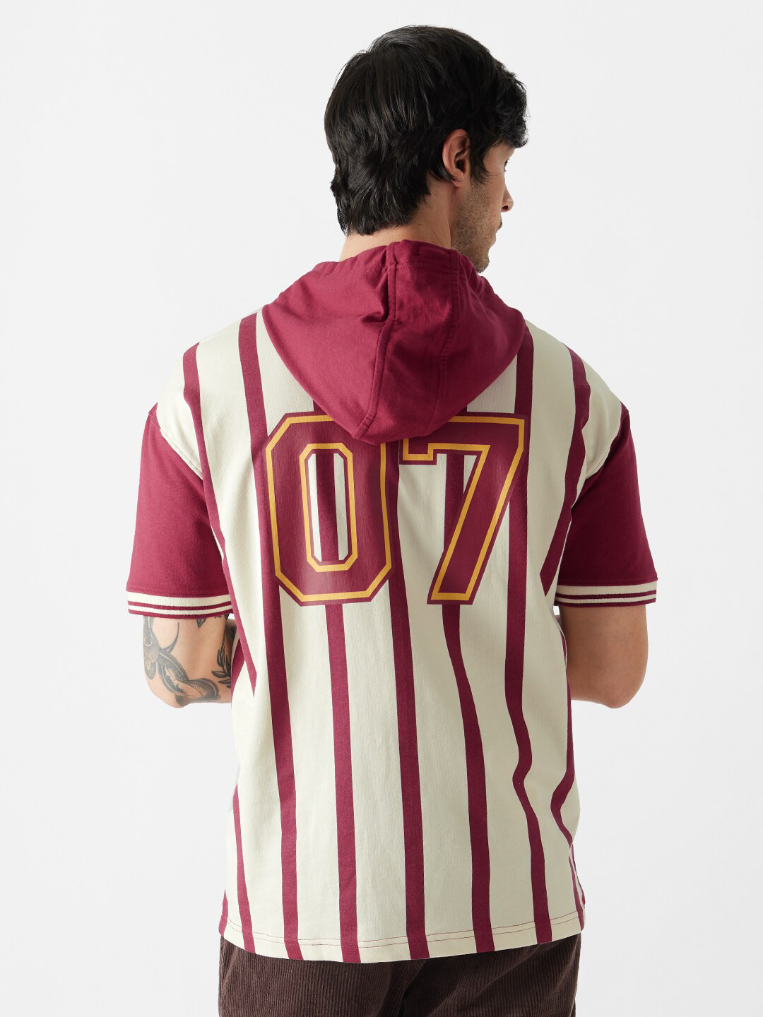 The Souled Store Striped Cotton Hooded Oversized T-shirt