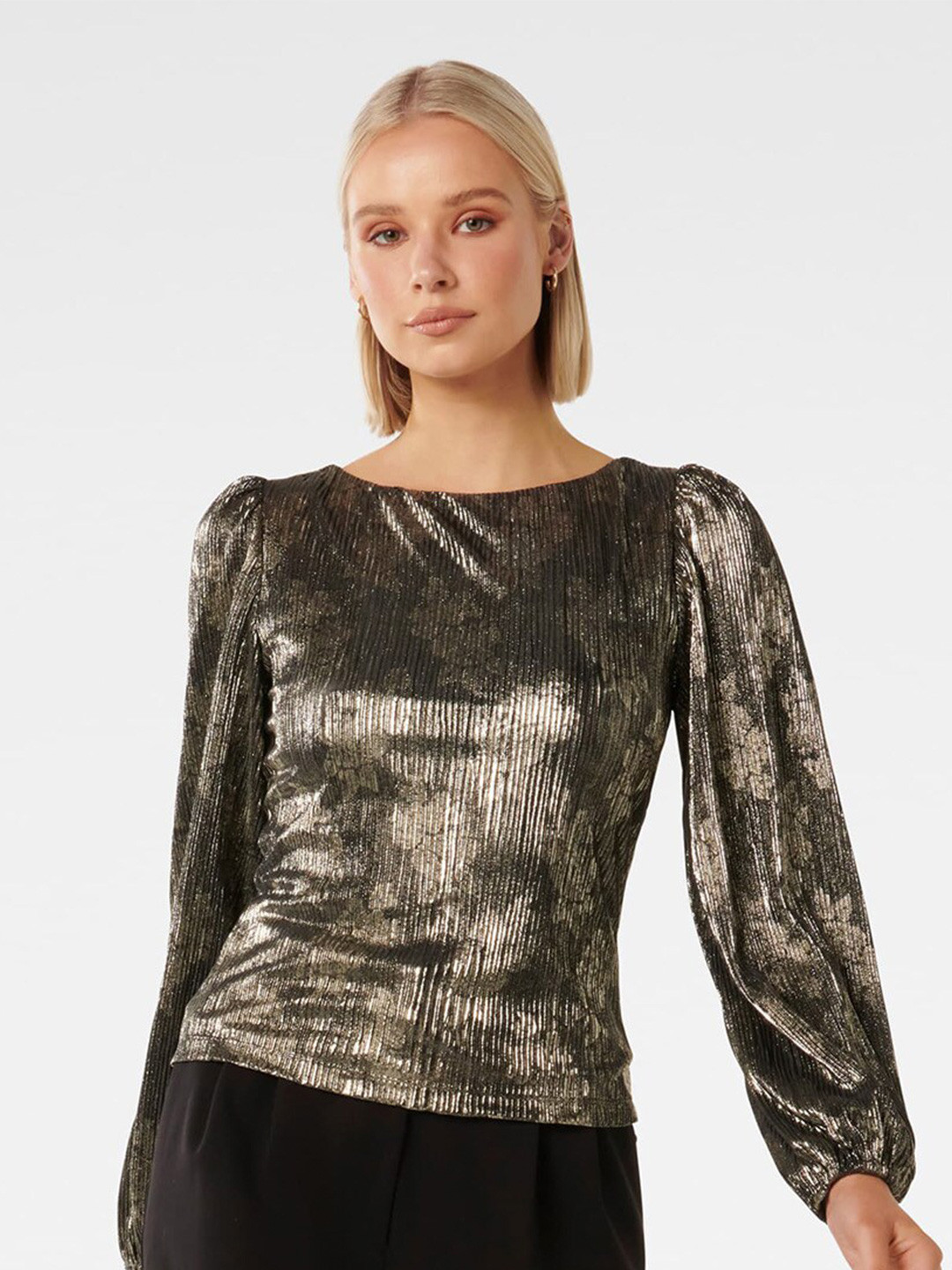 Forever New Self Design Puff Sleeves Gathered Regular Top