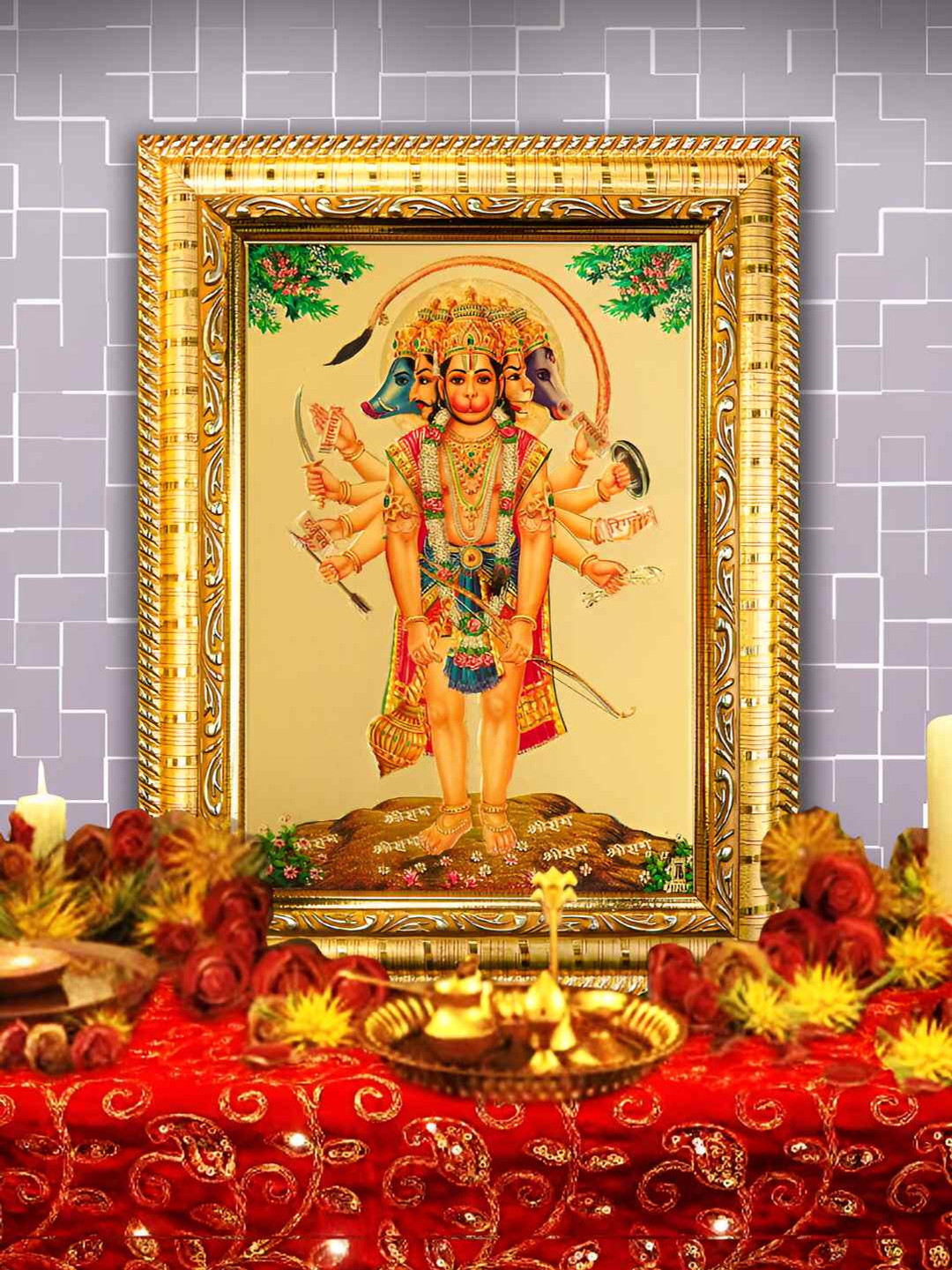 Hawai Gold-Toned & Red 24k Gold Plated Hanuman Foil Embossed Wooden Wall Photo Frame
