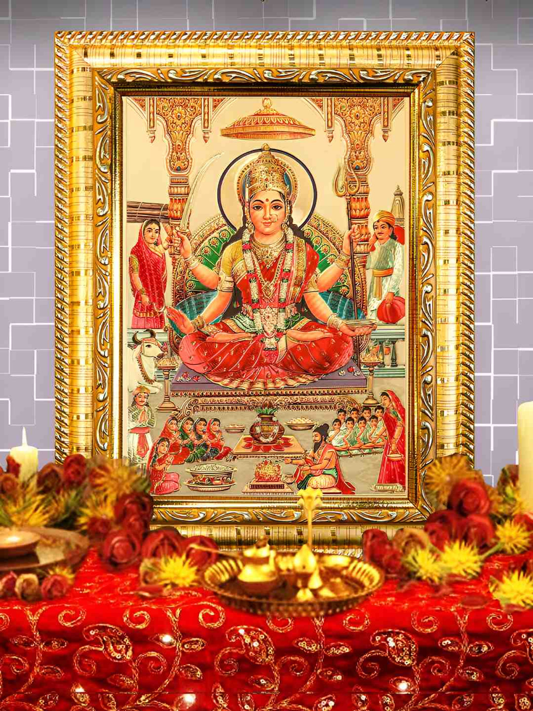 Hawai Gold-Toned & Green 24k Gold Plated Santoshi Mata Wood Wall Photo Frame