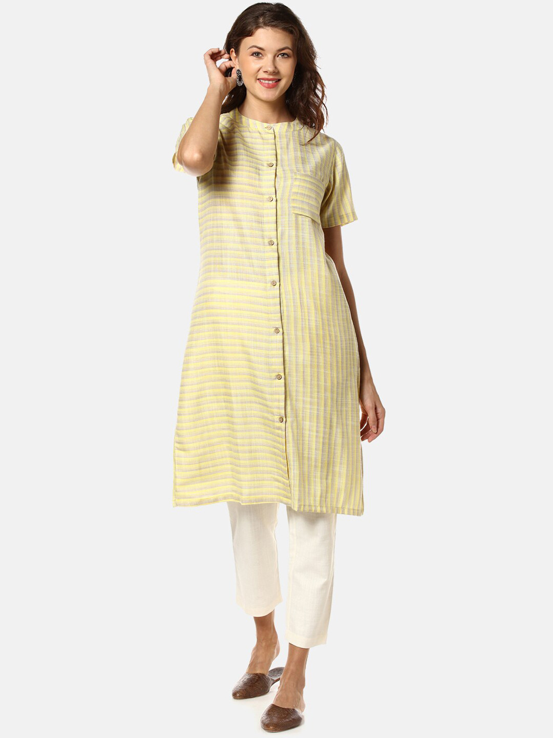 Instafab Striped Band Collar Straight Kurta
