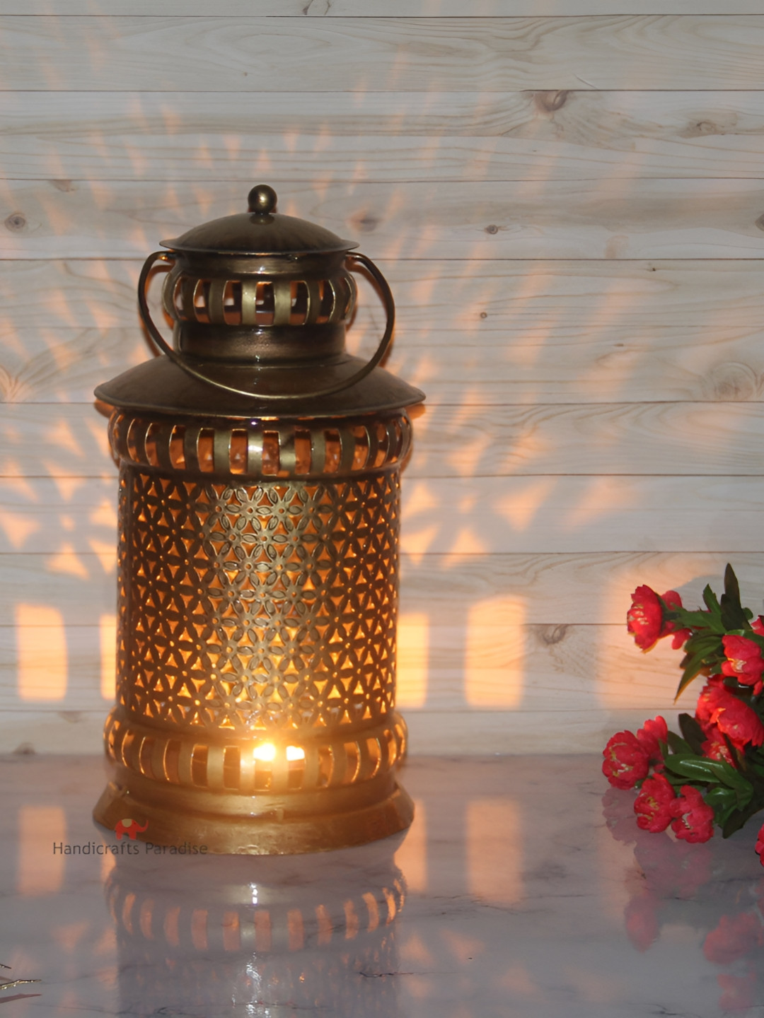 HANDICRAFTS PARADISE Gold-Tone Lantern Shaped Tealight Figurine Showpiece