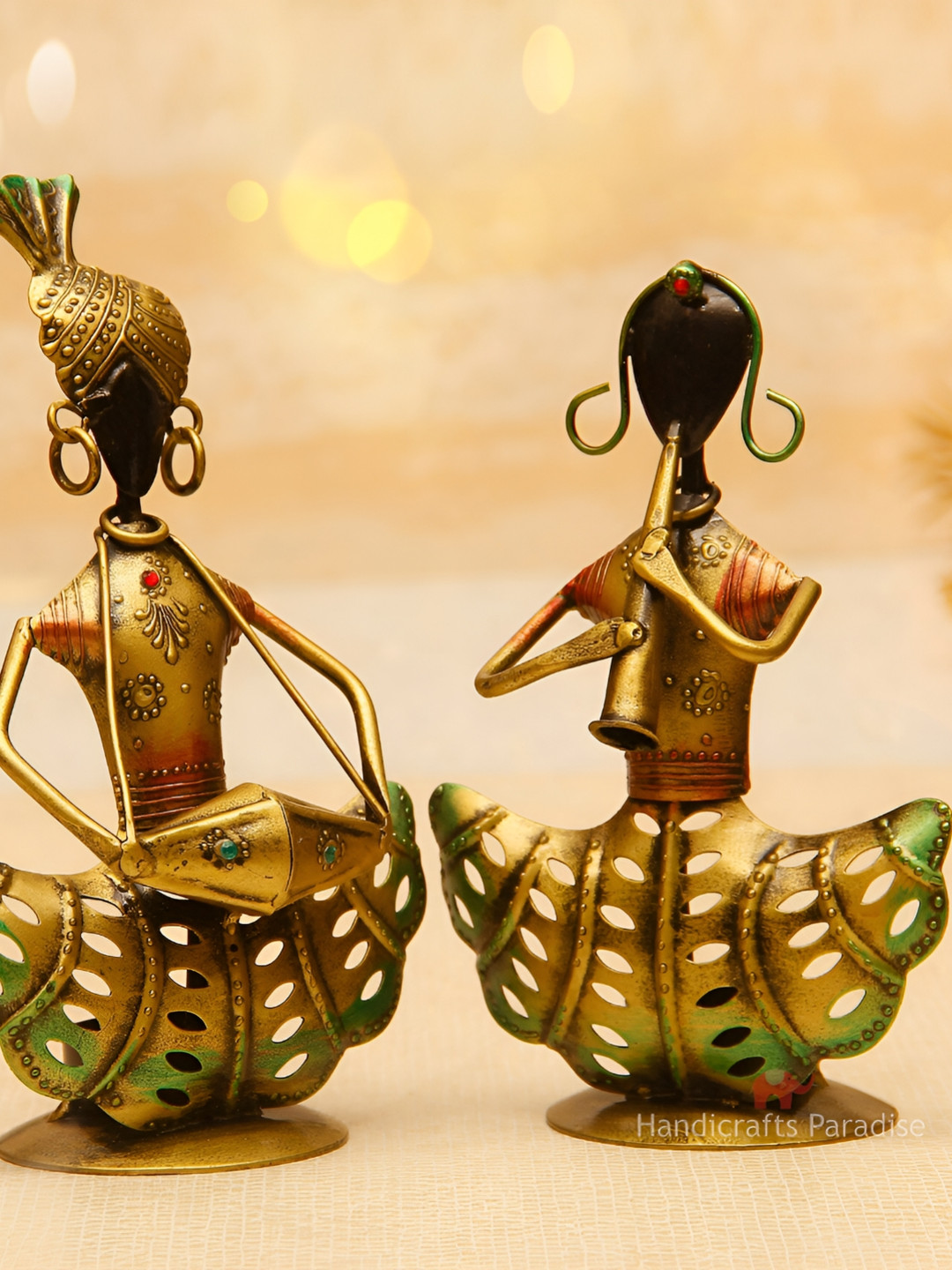 HANDICRAFTS PARADISE Rajasthani Musical Pair Tealight Holder Gold Metal Metallic Living Room Hand-Crafted Set of 2 Medium Showpieces - 8.7 Inches