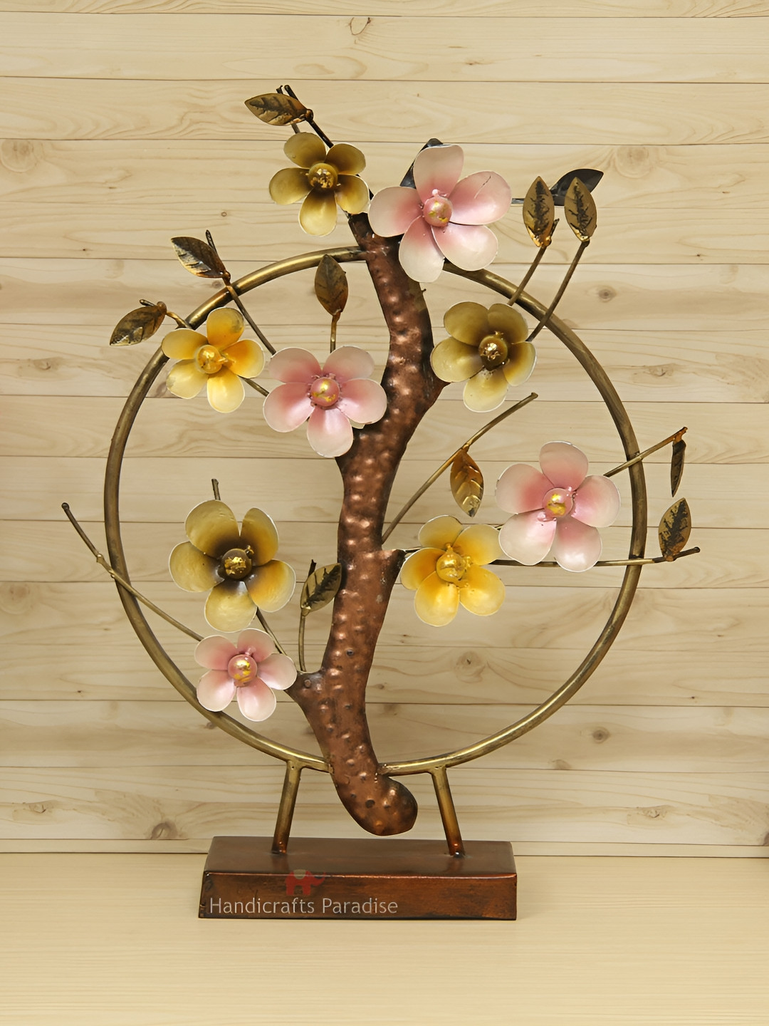 HANDICRAFTS PARADISE Tree Branch with Flowers Gold Metal Metallic Living Room Medium Showpiece - 21 Inches