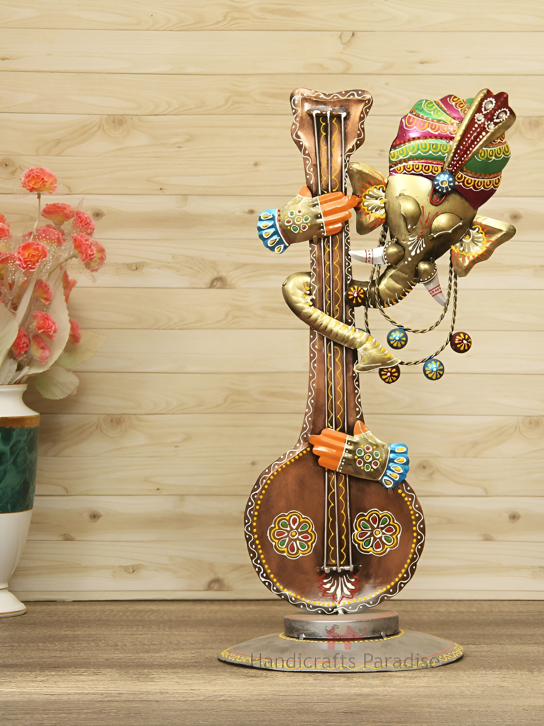 HANDICRAFTS PARADISE Musical Ganesh Gold Metal Metallic Prayer Room Music Medium Showpiece - 19.7 Inches