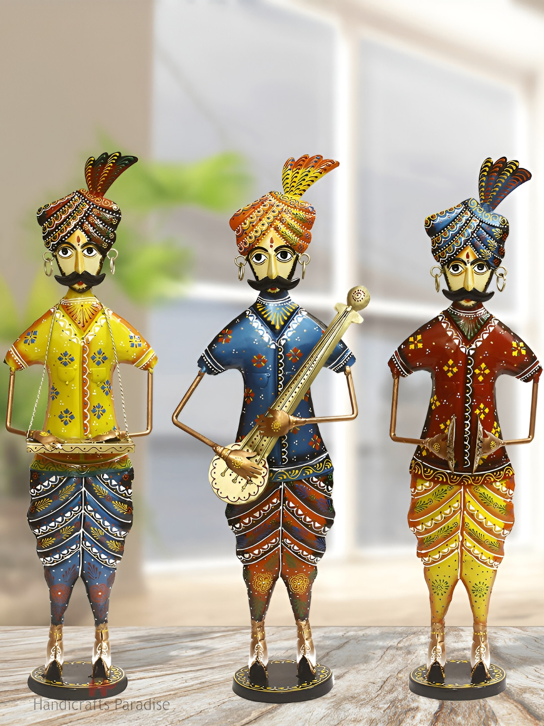 HANDICRAFTS PARADISE Yellow Blue 3 Pieces Rajasthani Musicians Figurine Showpieces