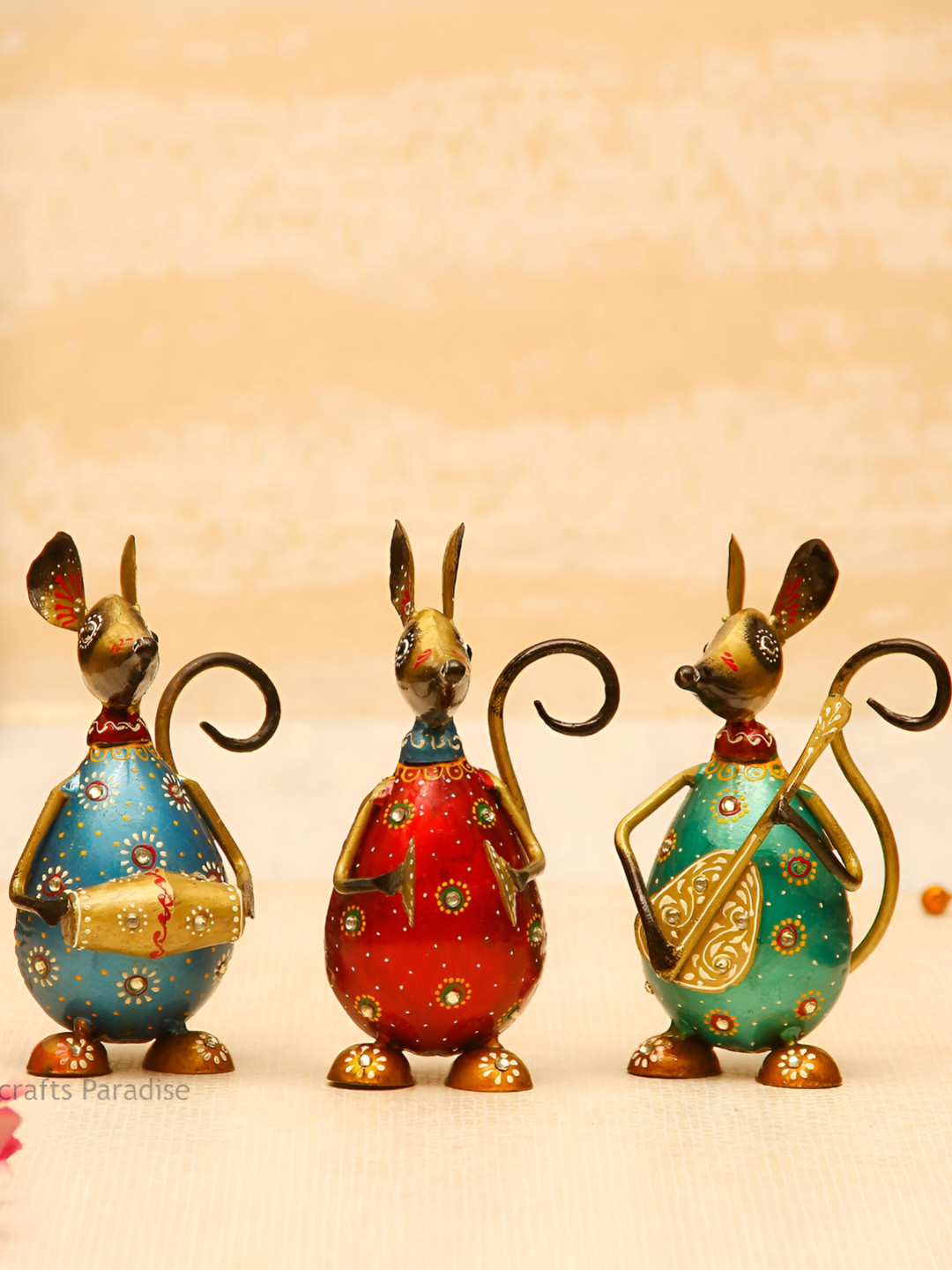 HANDICRAFTS PARADISE Wrought Rat Red Metal Glossy Kid Room Set of 3 Medium Showpieces - 4 Inches
