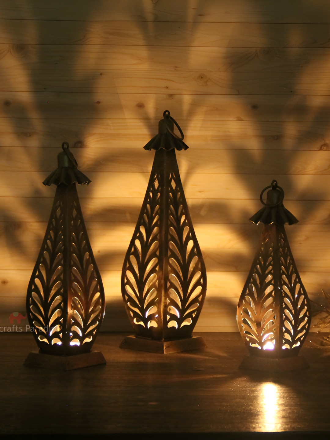 HANDICRAFTS PARADISE Lantern Tealight Holder Gold Metal Metallic Living Room Set of 3 Medium Showpieces - 15.5 Inches