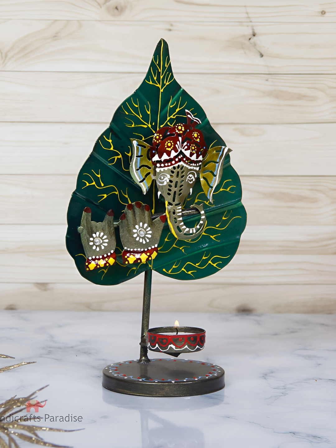 HANDICRAFTS PARADISE Ganesh Tealight Green Metal Glossy Prayer Room Hand-Crafted Medium Showpiece - 3.5 Inches