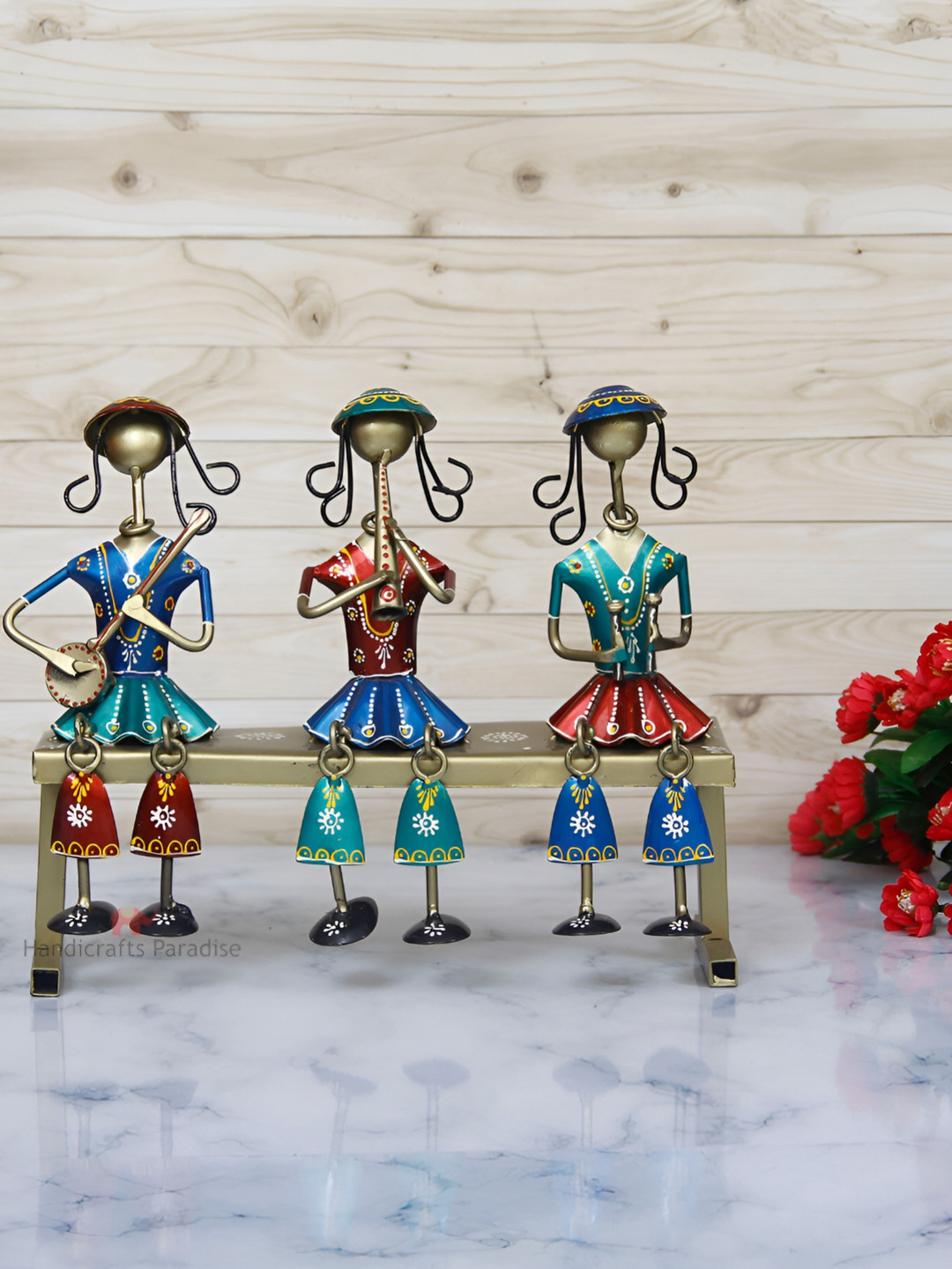 HANDICRAFTS PARADISE Girls Seated On Stool Playing Music Green Metal Metallic Living Room Music Medium Showpiece - 10.5 Inches