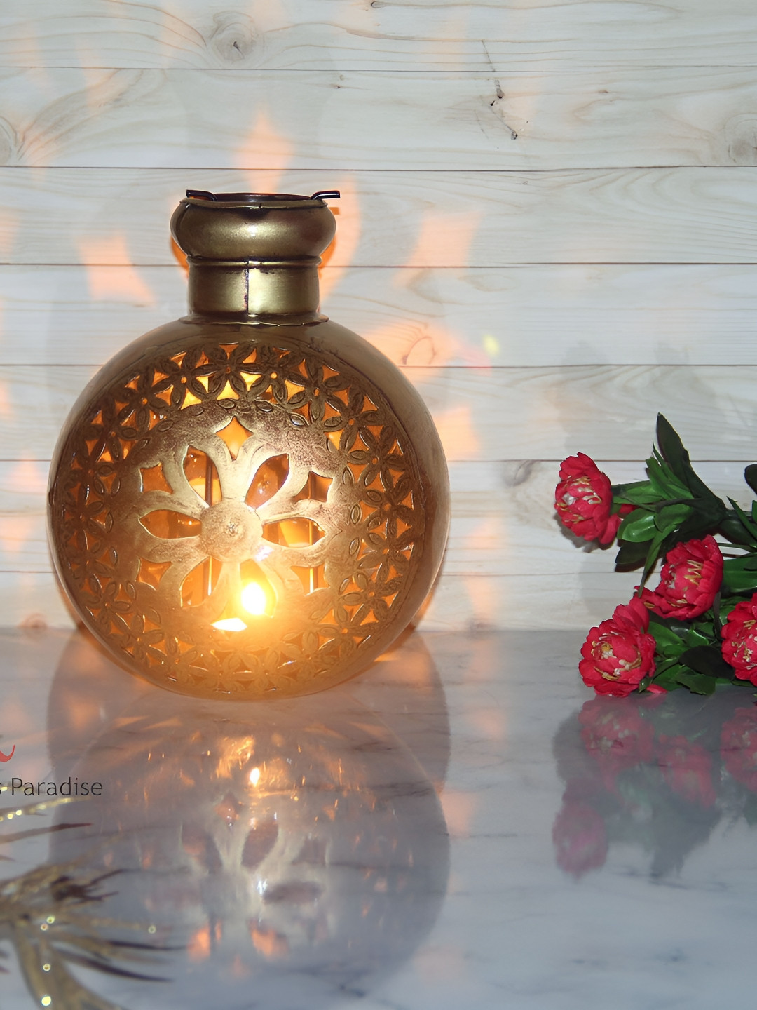 HANDICRAFTS PARADISE Kudi Shape Tealight Holder Cut Work Wrought Gold Metal Metallic Living Room Medium Showpiece - 8.5 Inches