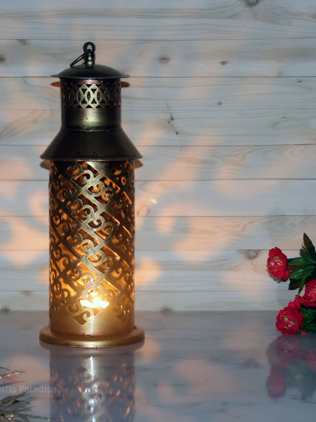 HANDICRAFTS PARADISE Cylinderical Shape Tealight Holder Gold Iron Metallic Living Room Hand-Crafted Medium Showpiece - 13 Inches