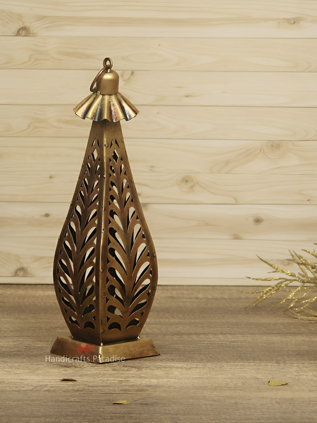 HANDICRAFTS PARADISE Wrought Decorative Lantern Tealight Holder Gold Metal Metallic Living Room Medium Showpiece - 13.5 Inches