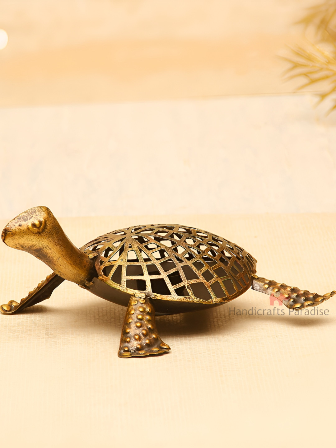 HANDICRAFTS PARADISE Tortoise Tea Light Holder Brown Metal Metallic Living Room Lights Medium Showpiece - 9.2 Inches