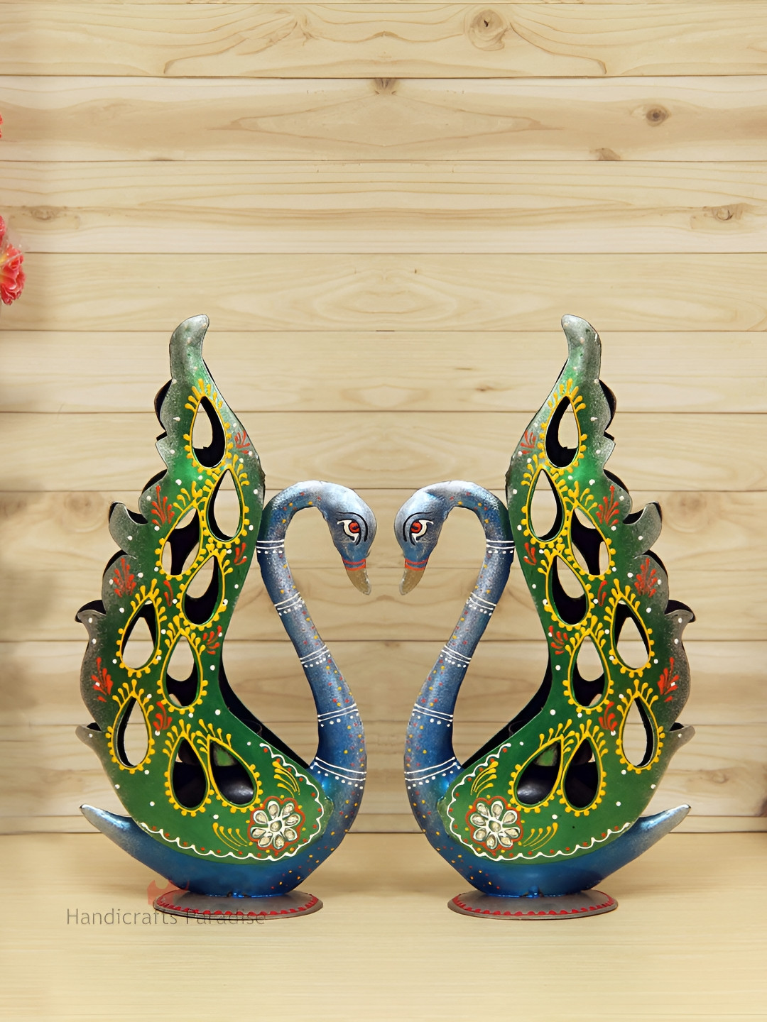 HANDICRAFTS PARADISE Blue & Green Metal Medium Unique Peacock Showpieces