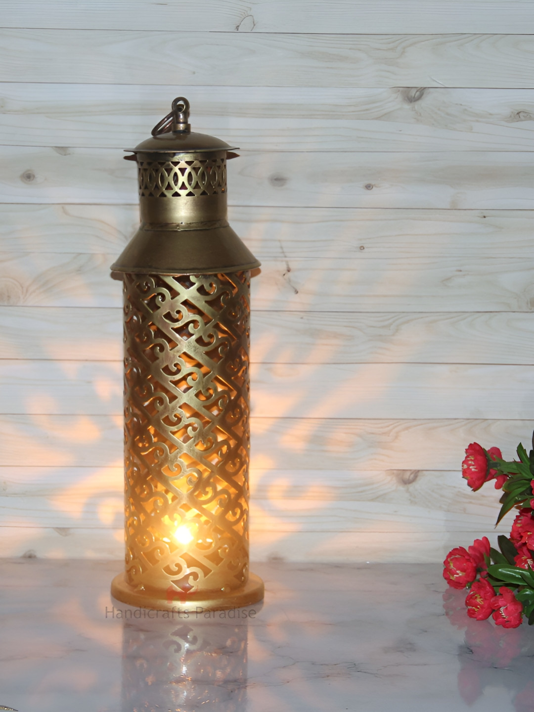 HANDICRAFTS PARADISE Tealight Holder Gold Metal Metallic Living Room Medium Showpiece - 15 Inches