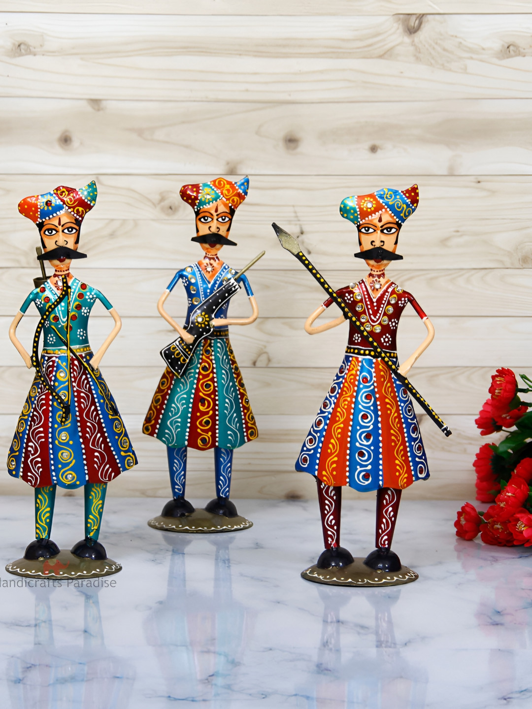 HANDICRAFTS PARADISE Maratha Warriors Set Blue Metal Metallic Living Room Set of 3 Medium Showpieces - 12 Inches